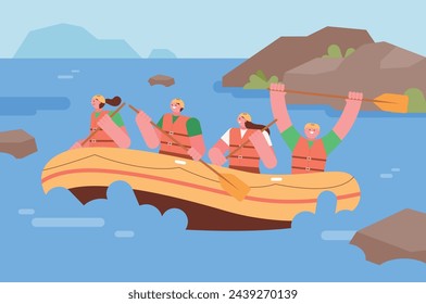 People enjoying rafting on the river. Four people wearing life jackets and having fun rowing on a rafting boat.