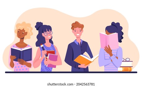 Gente disfrutando del concepto de literatura lectora. Jóvenes hombres y mujeres sostienen libros y estudian. Los adolescentes leen novelas e investigación científica. Dibujo vectorial plano de dibujos animados aislado en fondo blanco