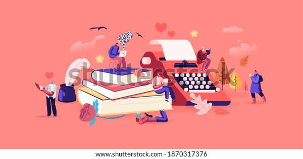 People Enjoying Reading Literature and\
Writing Poetry or Prose Concept. Tiny Characters at Huge Books Read\
Classic Verses, Poems. Ink Feather Usage, Romantic Mood. Cartoon\
People Vector\
Illustration