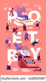 People Enjoying Reading and Writing Poetry Concept. Characters Read Classic Verses Books, Literature Poems. Ink Feather Usage Romantic Poster Banner Flyer Brochure. Cartoon Flat Vector Illustration