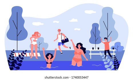 People enjoying recreation on beach. Getting tan, swimming in lake, nature flat vector illustration. Summer, vacation, outdoor activity concept for banner, website design or landing web page