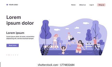 People enjoying recreation on beach. Getting tan, swimming in lake, nature flat vector illustration. Summer, vacation, outdoor activity concept for banner, website design or landing web page