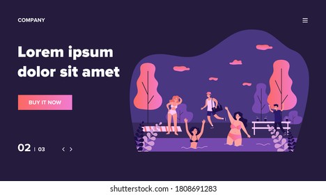 People enjoying recreation on beach. Getting tan, swimming in lake, nature flat vector illustration. Summer, vacation, outdoor activity concept for banner, website design or landing web page