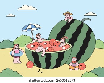 Pessoas desfrutando de um refrescante dia de verão nadando em uma tigela gigante de melancia.