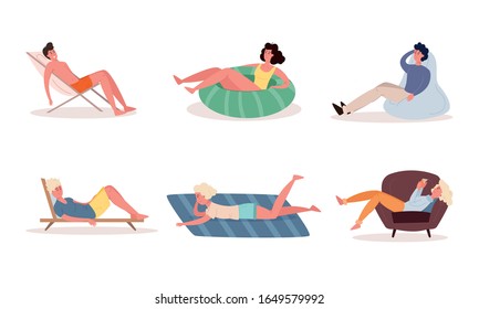 People enjoying rest in armchairs, sunbeds, on floor vector illustration
