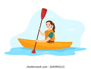 People Enjoying Rowing Illustration with Canoe and Sailing on River or Lake  in Active Water Sports Flat Cartoon Hand Drawn Template