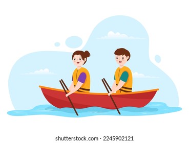 People Enjoying Rowing Illustration with Canoe and Sailing on River or Lake  in Active Water Sports Flat Cartoon Hand Drawn Template