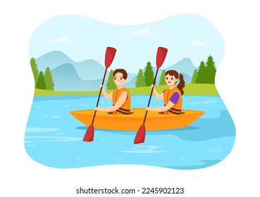 People Enjoying Rowing Illustration with Canoe and Sailing on River or Lake  in Active Water Sports Flat Cartoon Hand Drawn Template