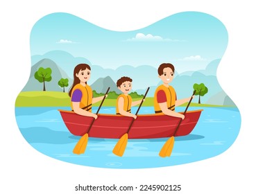 People Enjoying Rowing Illustration with Canoe and Sailing on River or Lake  in Active Water Sports Flat Cartoon Hand Drawn Template