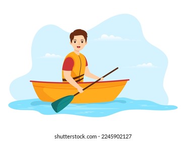 Menschen, die Rowing Illustration mit Kanu und Segeln auf Fluss oder See in Active Water Sports Flat Cartoon handgezeichnet Vorlage