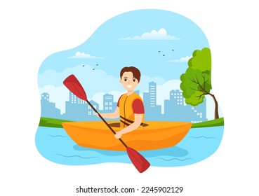 People Enjoying Rowing Illustration with Canoe and Sailing on River or Lake  in Active Water Sports Flat Cartoon Hand Drawn Template