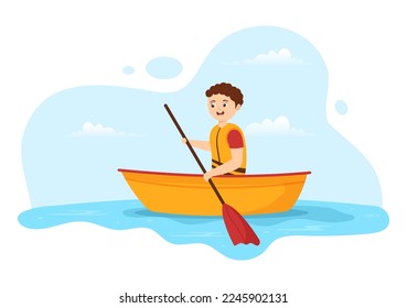 People Enjoying Rowing Illustration with Canoe and Sailing on River or Lake  in Active Water Sports Flat Cartoon Hand Drawn Template