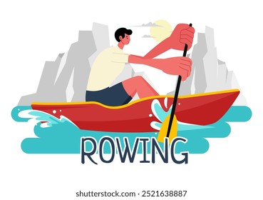 Personas Disfrutando de la Ilustración vectorial de remo con canoas y vela en un río o lago en deportes acuáticos activos en un fondo de dibujos animados de estilo plano