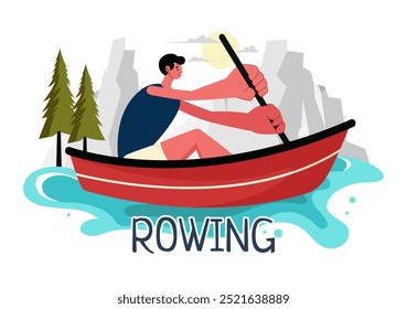 Personas Disfrutando de la Ilustración vectorial de remo con canoas y vela en un río o lago en deportes acuáticos activos en un fondo de dibujos animados de estilo plano