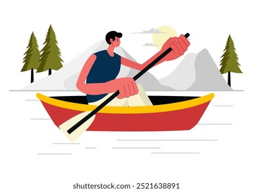 Personas Disfrutando de la Ilustración vectorial de remo con canoas y vela en un río o lago en deportes acuáticos activos en un fondo de dibujos animados de estilo plano