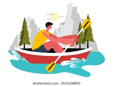 Personas Disfrutando de la Ilustración vectorial de remo con canoas y vela en un río o lago en deportes acuáticos activos en un fondo de dibujos animados de estilo plano