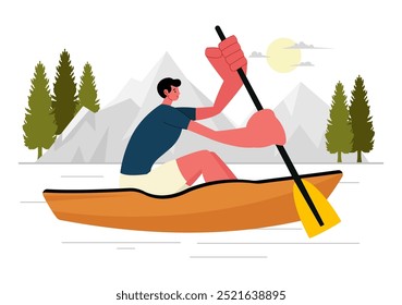 Personas Disfrutando de la Ilustración vectorial de remo con canoas y vela en un río o lago en deportes acuáticos activos en un fondo de dibujos animados de estilo plano