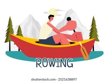 Personas Disfrutando de la Ilustración vectorial de remo con canoas y vela en un río o lago en deportes acuáticos activos en un fondo de dibujos animados de estilo plano