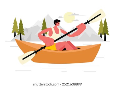 Personas Disfrutando de la Ilustración vectorial de remo con canoas y vela en un río o lago en deportes acuáticos activos en un fondo de dibujos animados de estilo plano