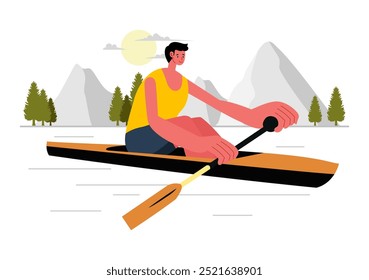 Personas Disfrutando de la Ilustración vectorial de remo con canoas y vela en un río o lago en deportes acuáticos activos en un fondo de dibujos animados de estilo plano