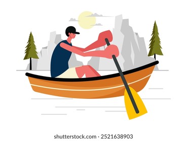 Personas Disfrutando de la Ilustración vectorial de remo con canoas y vela en un río o lago en deportes acuáticos activos en un fondo de dibujos animados de estilo plano