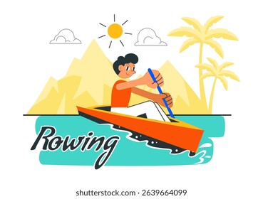 People Enjoying Rowing Vector Illustration Featuring Canoes and Sailing on a River or Lake as Part of Active Water Sports in a Flat Style Background