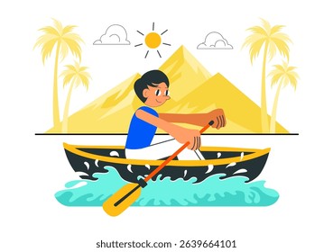 People Enjoying Rowing Vector Illustration Featuring Canoes and Sailing on a River or Lake as Part of Active Water Sports in a Flat Style Background