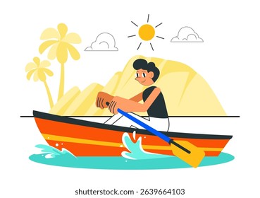 People Enjoying Rowing Vector Illustration Featuring Canoes and Sailing on a River or Lake as Part of Active Water Sports in a Flat Style Background