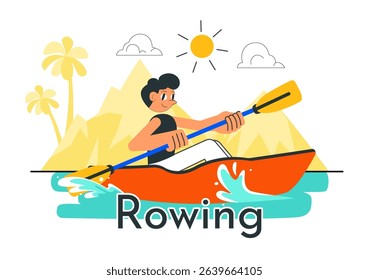 People Enjoying Rowing Vector Illustration Featuring Canoes and Sailing on a River or Lake as Part of Active Water Sports in a Flat Style Background