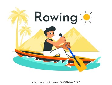 People Enjoying Rowing Vector Illustration Featuring Canoes and Sailing on a River or Lake as Part of Active Water Sports in a Flat Style Background