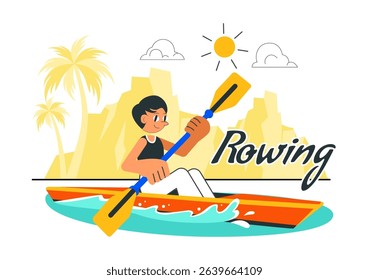 People Enjoying Rowing Vector Illustration Featuring Canoes and Sailing on a River or Lake as Part of Active Water Sports in a Flat Style Background