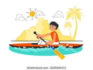 People Enjoying Rowing Vector Illustration Featuring Canoes and Sailing on a River or Lake as Part of Active Water Sports in a Flat Style Background
