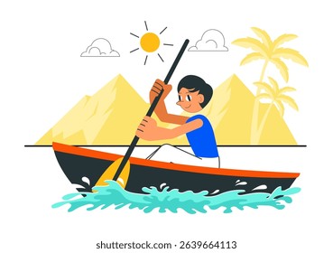 People Enjoying Rowing Vector Illustration Featuring Canoes and Sailing on a River or Lake as Part of Active Water Sports in a Flat Style Background