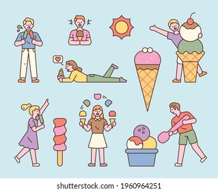 People are enjoying several types of ice cream. flat design style minimal vector illustration.