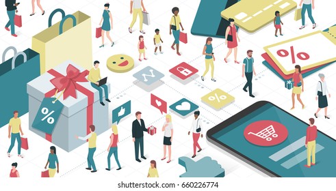 People enjoying shopping online and purchasing products: technology, social media and retail concept