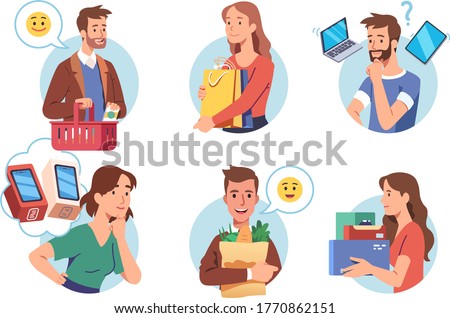 People enjoying shopping set. Person choosing and holding purchase. Happy buyer holding retail goods package boxes, shopping bags & basket. Modern consumers. Flat vector shopper character illustration