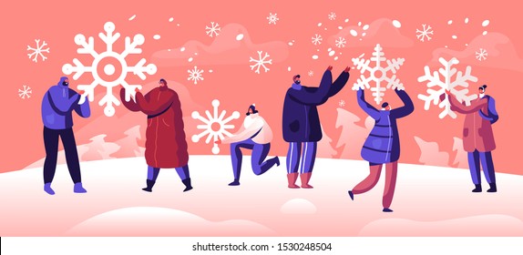 People Enjoying Snowfall. Winter Holidays Festive Season Concept. Happy Characters Holding Huge Snowflakes in Hands Engaged Wintertime Activities and Family Spare Time Cartoon Flat Vector Illustration