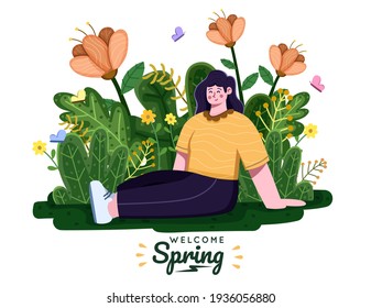 People Enjoying Spring Seasons With Floral Background. It's Spring Time. Spring Is Coming. Break Or Vacation. Enjoy Spring Holiday At Park With Beautiful Flower. Greeting Card, Postcard, Invitation.