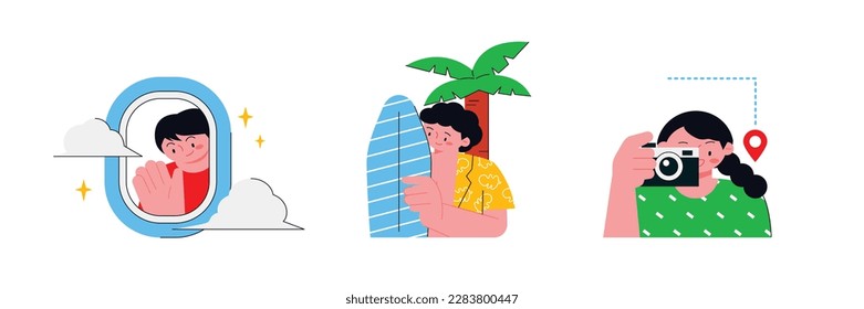 People enjoying summer. A boy in an airplane window, a guy with a surfboard and a Hawaiian shirt, and a girl taking pictures.