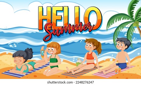 People enjoying summer holiday on the beach illustration