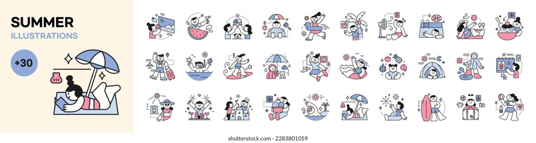 People enjoying summer. outline character design. Summer vacation sea beach. Hot weather cool food. elaxing holiday. mega set.