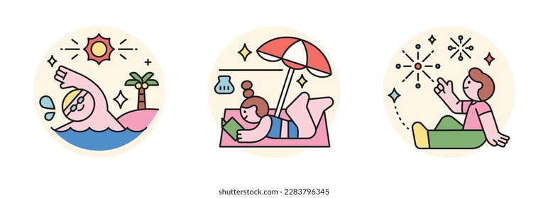 People enjoying summer. outline style character design. Swimming in the sea, reading a book on the beach, and fireworks on a summer night.