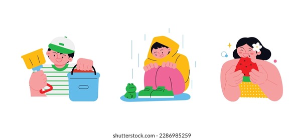 People enjoying summer. A shovel and basket for playing in the sand, a boy wearing a raincoat during the rainy season and watching a frog, and a pretty girl eating watermelon.