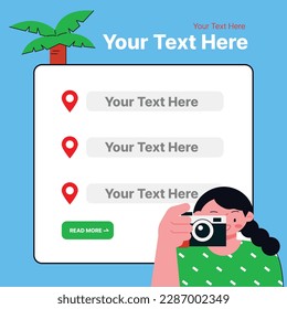 People enjoying summer. travel, camera, commemorative photo, tropical island. Summer vacation event marketing banner template.