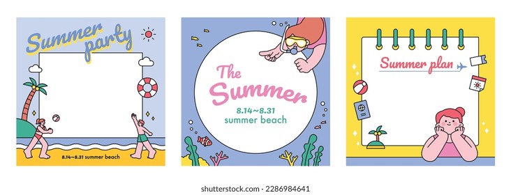 People enjoying summer. Summer vacation, beach resort advertising banner template.