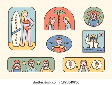 People enjoying summer vacation. Label sticker concept. flat design style minimal vector illustration.