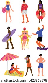 People Enjoying Summer Vacation Set, Young Men and Women Relaxing on Beach Vector Illustration