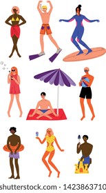 People Enjoying Summer Vacation Set, Young Men and Women Swimming, Sunbathing, Doing Sports, Relaxing on Beach Vector Illustration