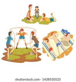People Enjoying Summer Vacations Set, Happy Boys Playing Soccer on Sport Field, Family Sunbathing on Beach, Boys Resting on Grass Vector Illustration