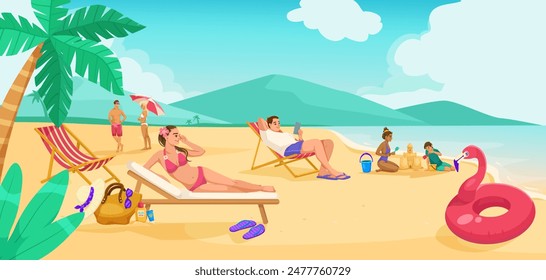 People enjoying a sunny beach with hills in the background. Vector illustration